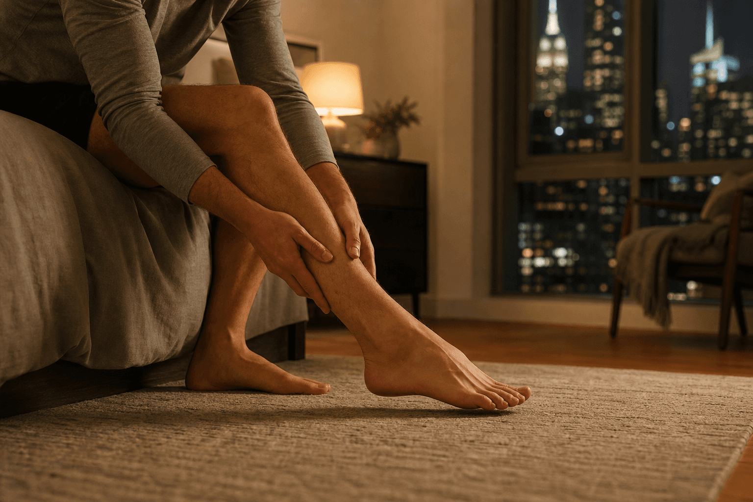 New York patient performing a gentle calf stretch in the evening while managing leg cramps and vein health