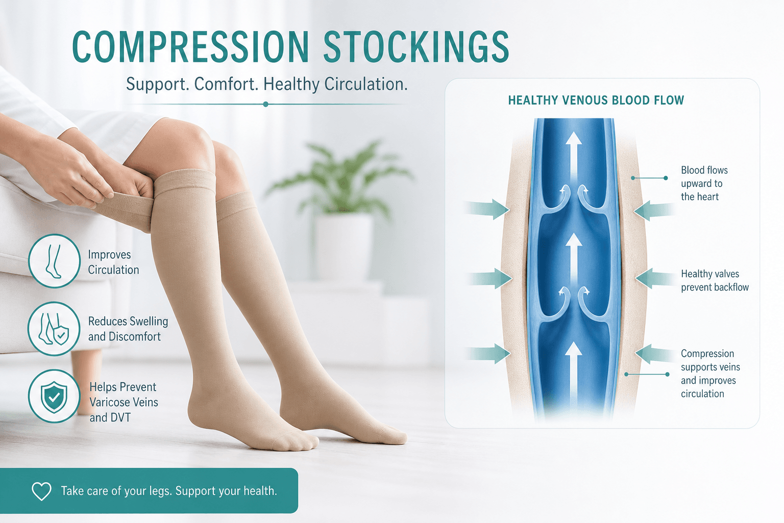 Medical illustration of compression stockings and healthy venous blood flow, vein treatment New York