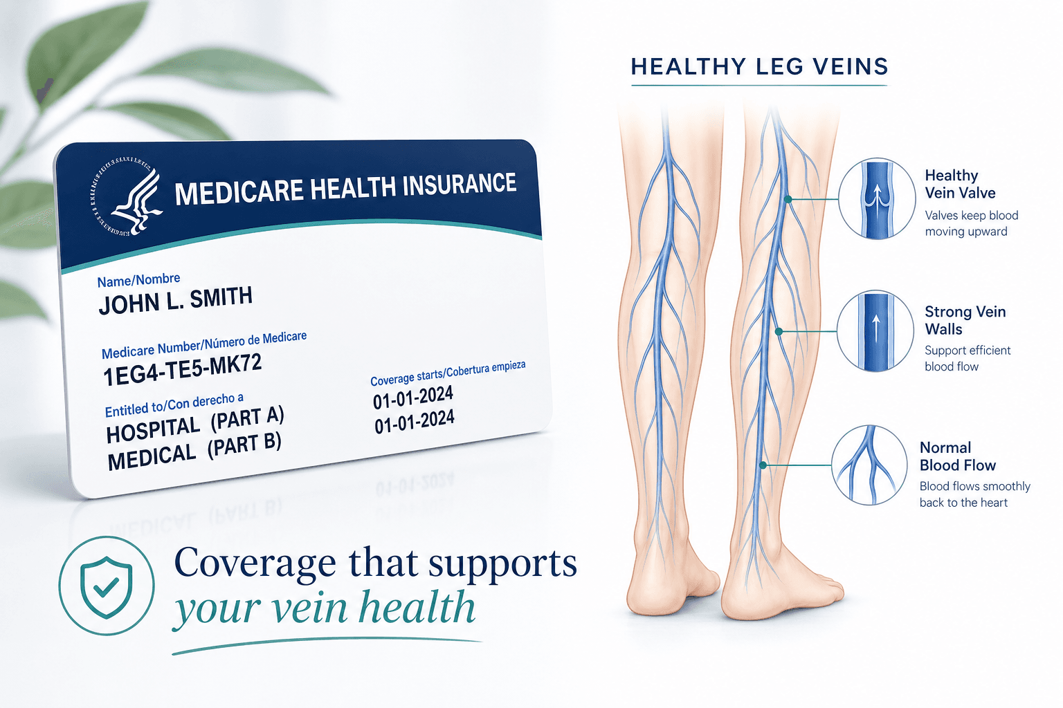 Medicare insurance card beside a vein health diagram, vein treatment coverage New York