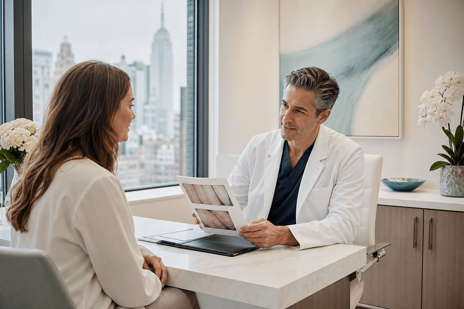 Patient preparing for first vein treatment consultation at Schulman Vein Center New York