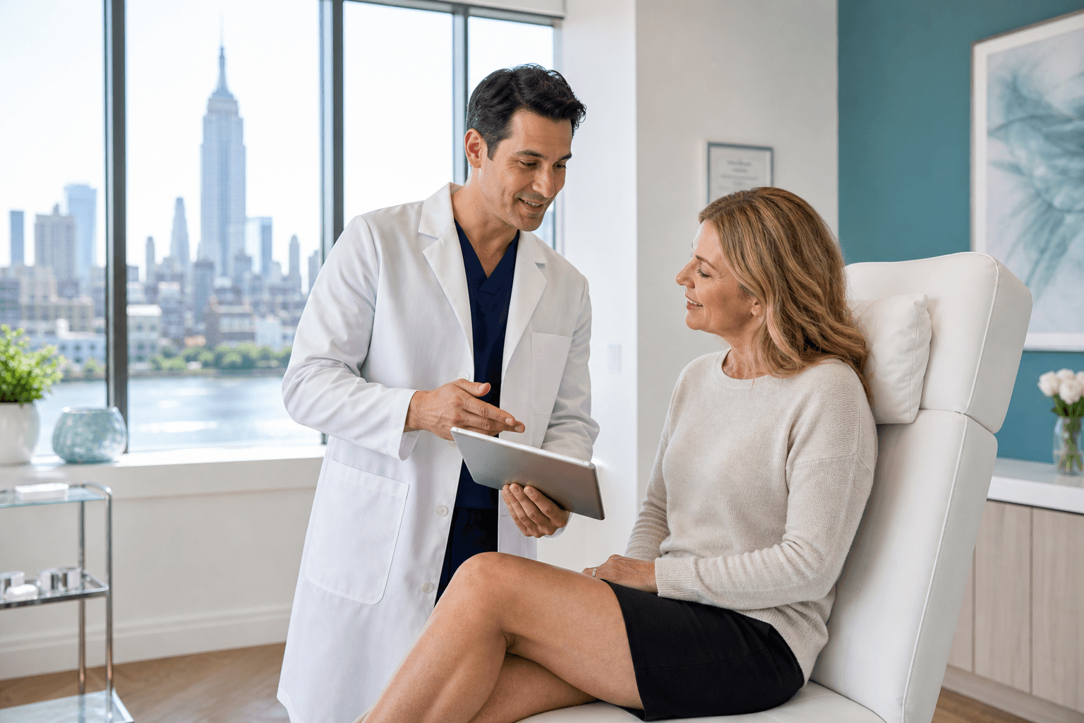Vein specialist discussing next steps with patient at New York vein treatment center