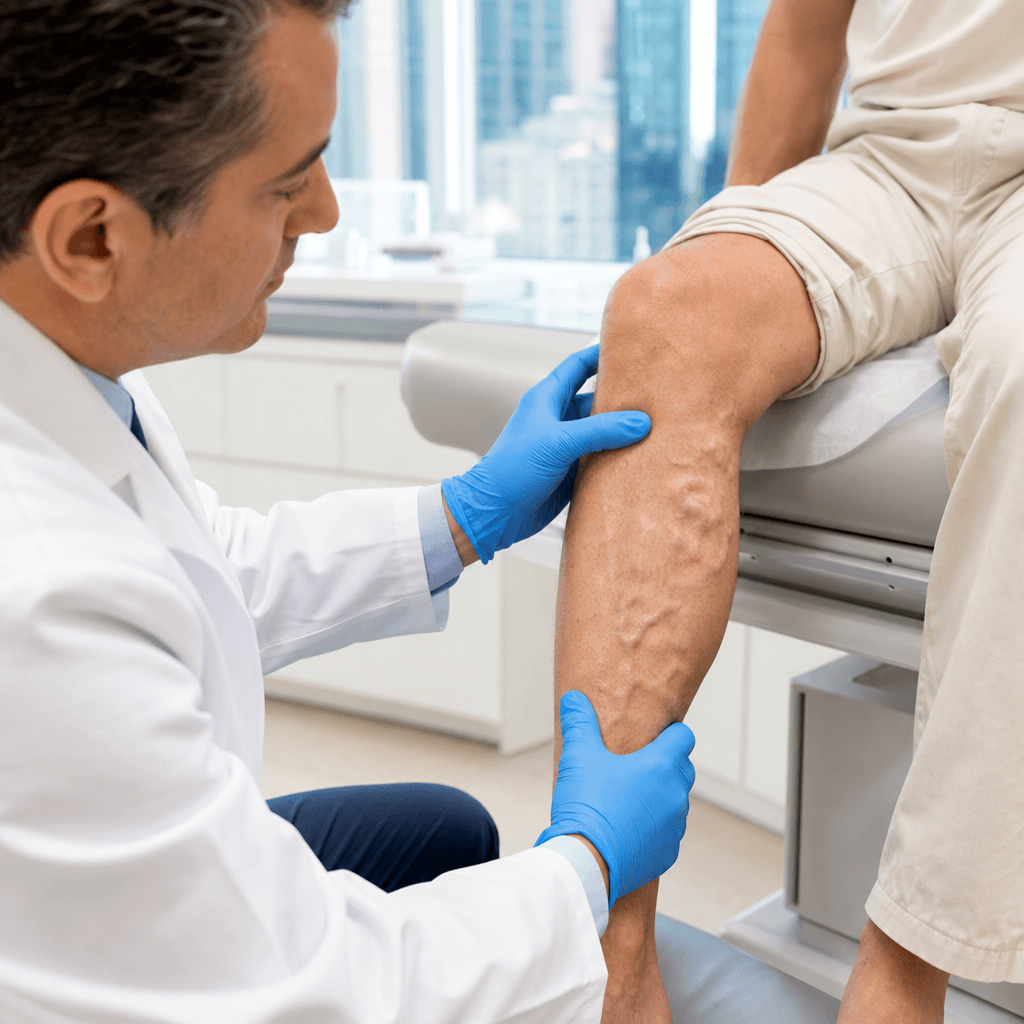 New York vein specialist examining varicose veins on a patient's leg during summer consultation