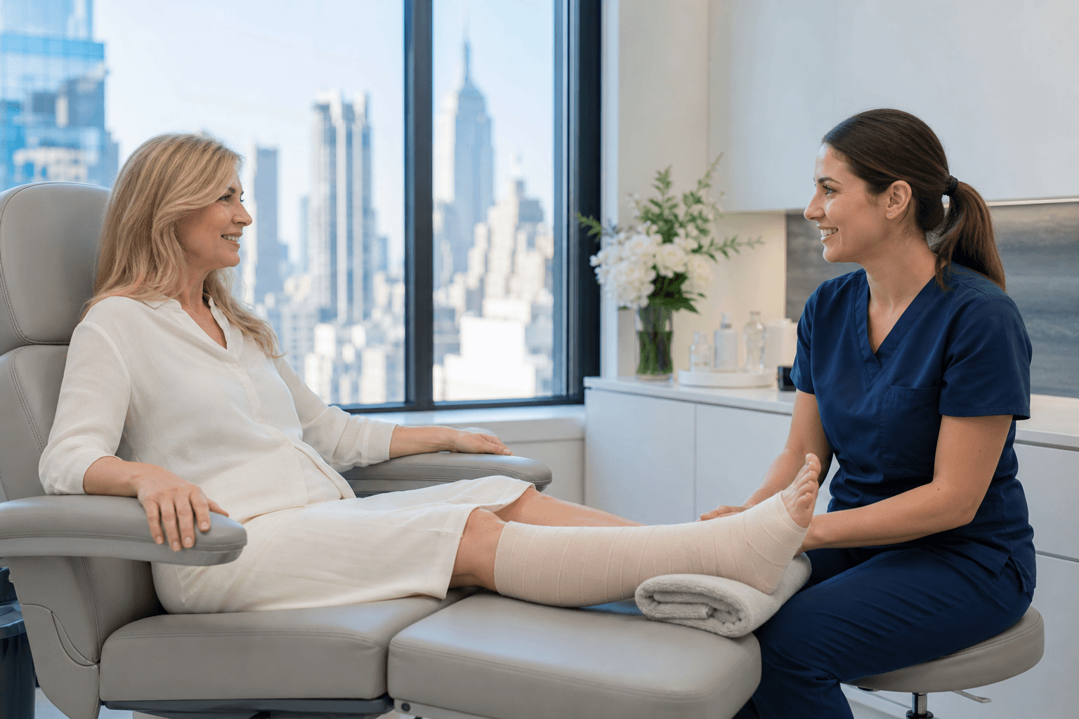 Patient receiving compression therapy for venous leg ulcer prevention at a New York vein clinic