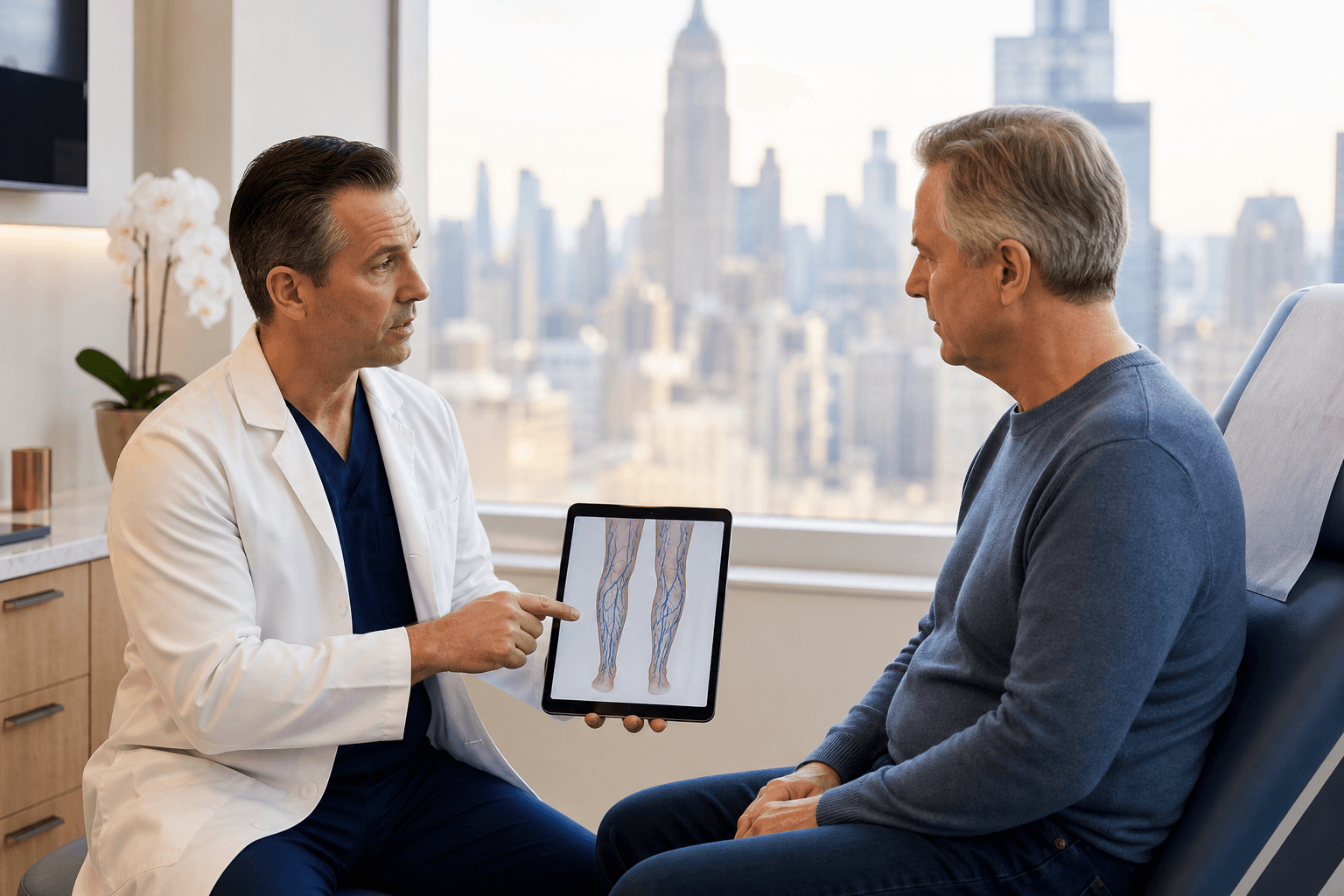 Physician discussing venous leg ulcers and chronic vein disease with a patient at a New York vein clinic