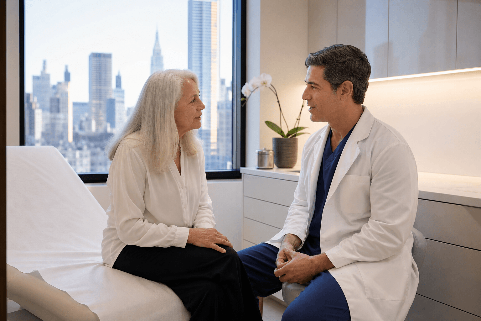 New York patient consultation discussing weight and vein disease risk factors with a physician