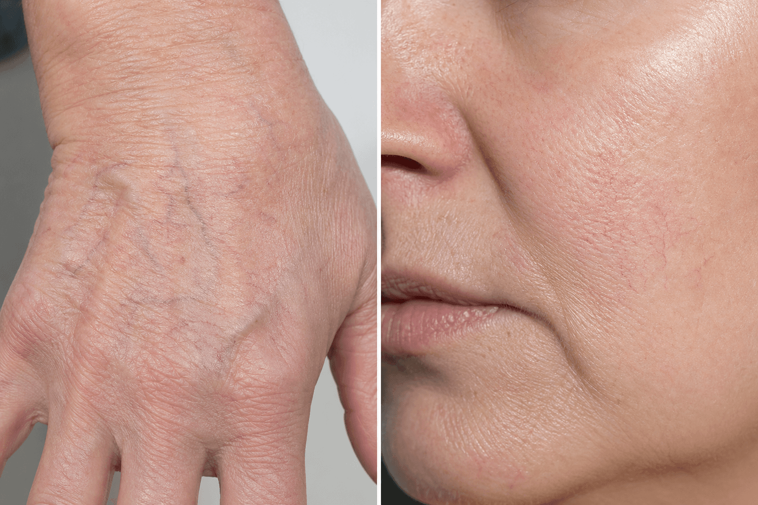 Split view showing visible veins on a patient's hand and facial spider veins on cheek