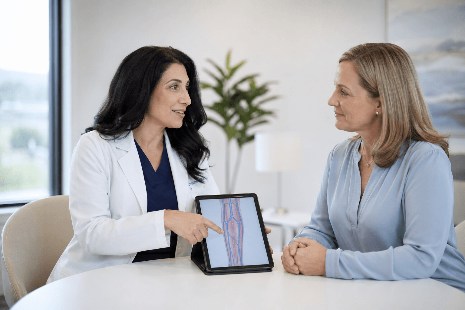 Vein specialist consulting with patient about spider vein treatment plan