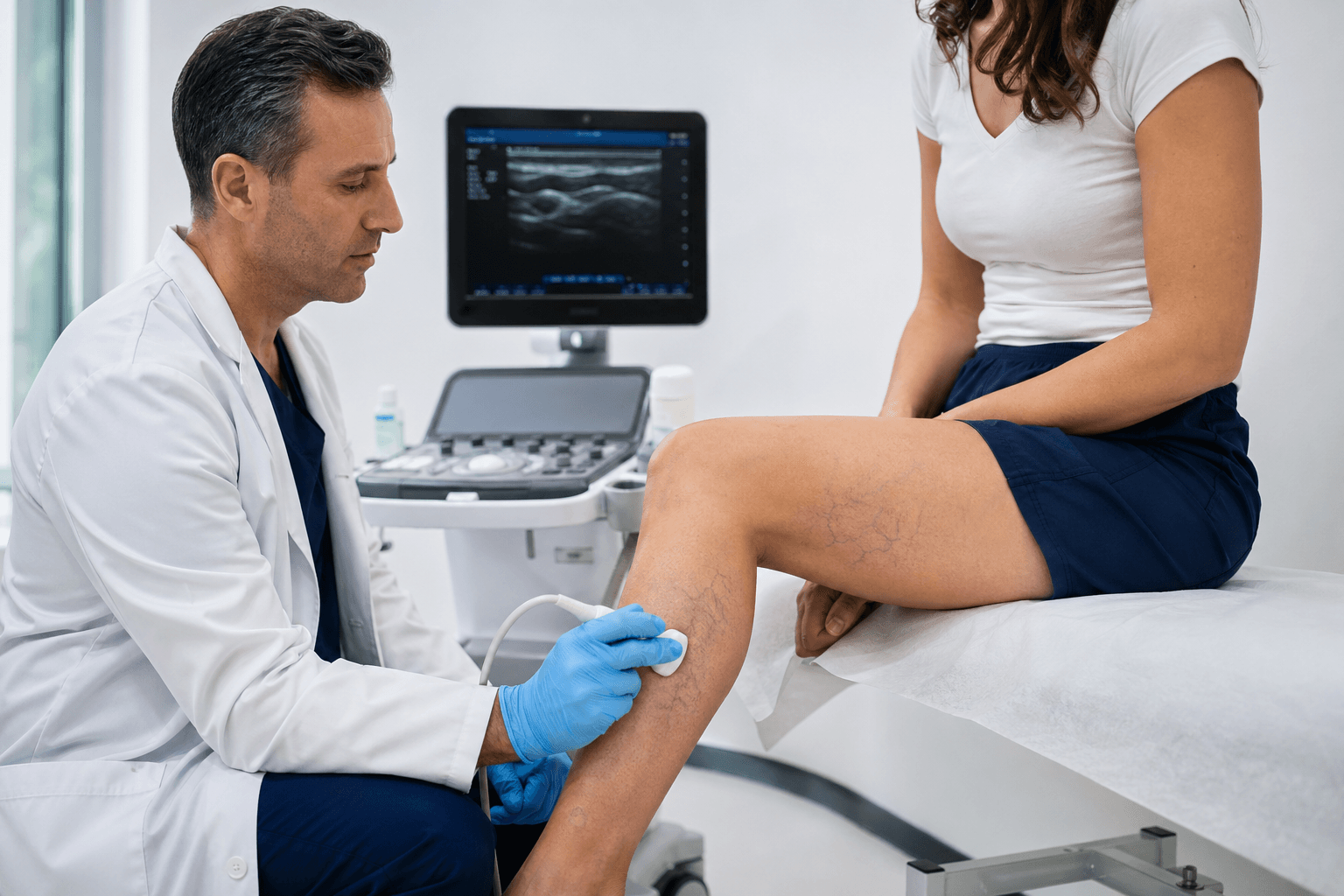 Vein specialist performing Doppler ultrasound on a patient's lower leg