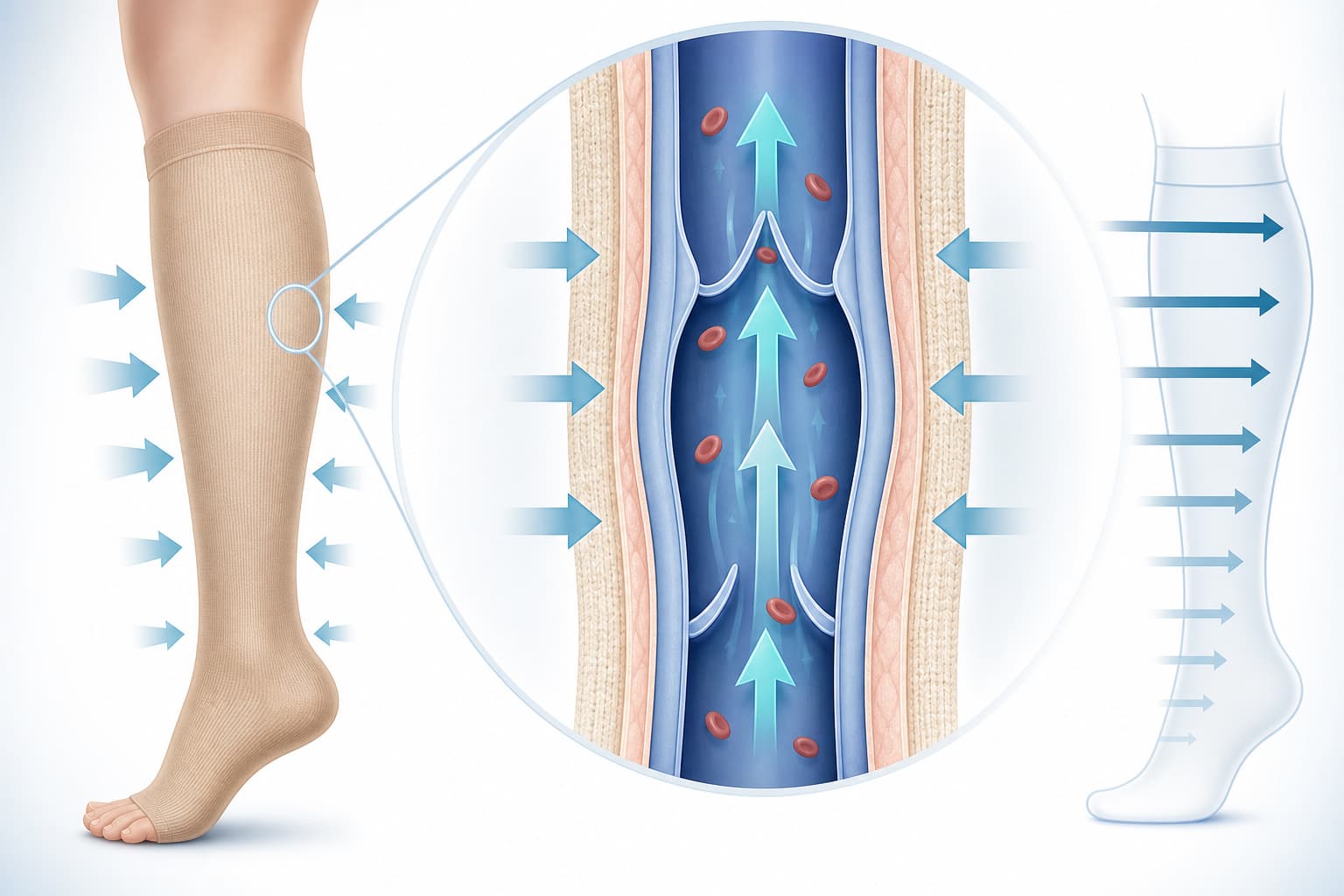 Diagram showing graduated compression pressure in a medical stocking improving leg vein circulation