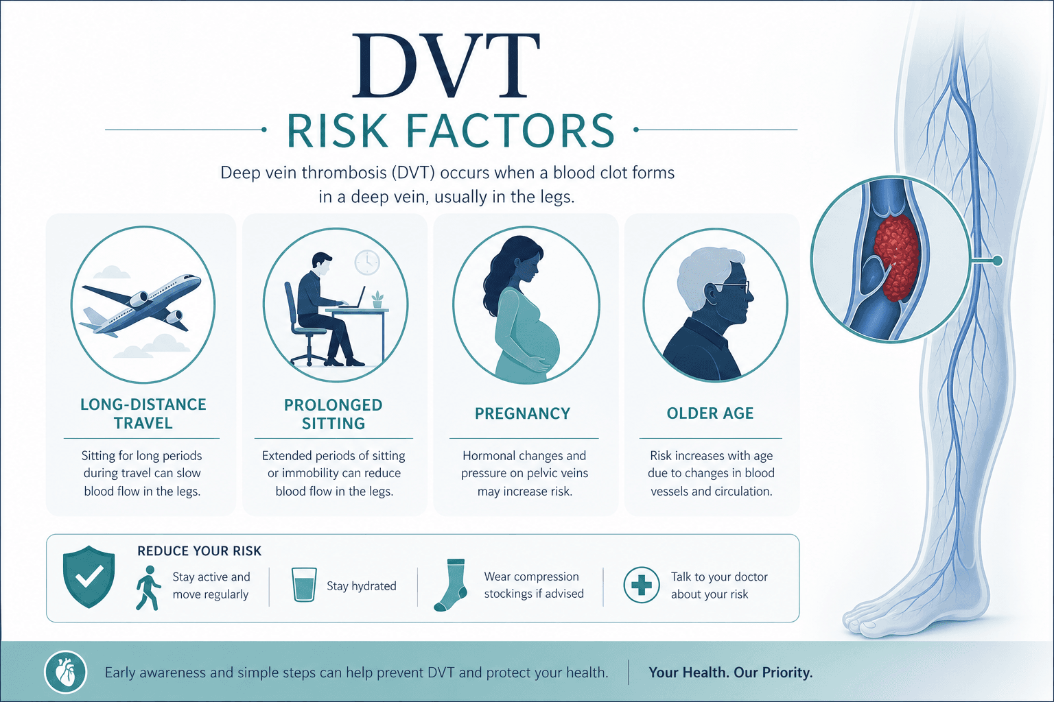 Illustration of deep vein thrombosis risk factors including travel, sedentary lifestyle, and pregnancy