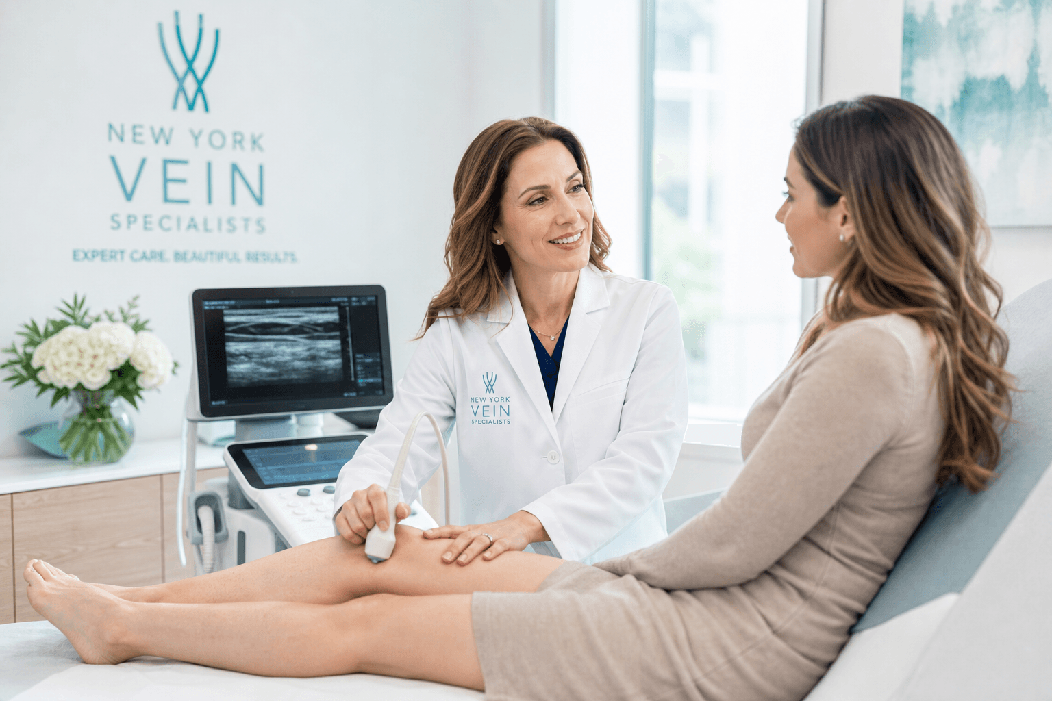 Vein specialist performing ultrasound evaluation on patient leg at New York vein clinic