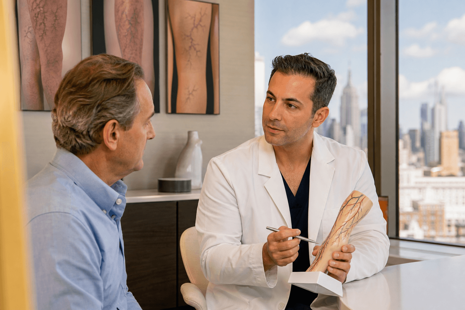 New York patient consultation discussing diabetes and vein disease with a physician