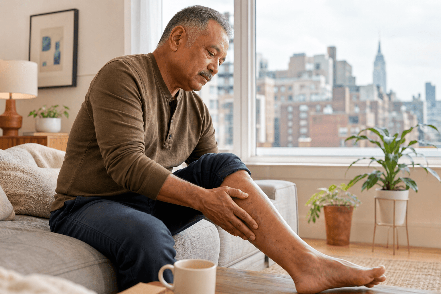 New York patient performing a routine foot and leg skin check to support diabetes and vein disease management