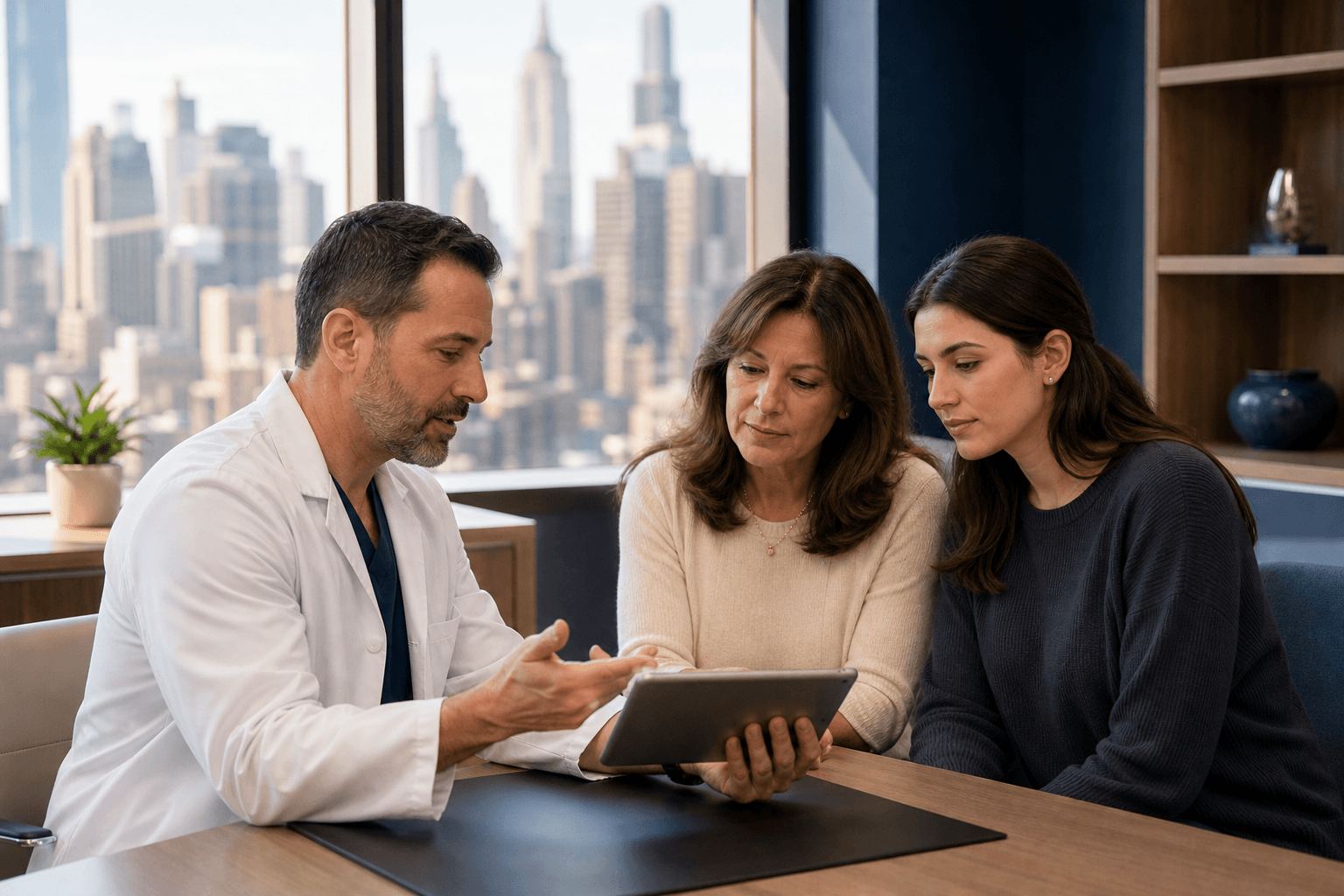 Physician discussing family history and vein disease risk with a mother and daughter at a New York vein clinic