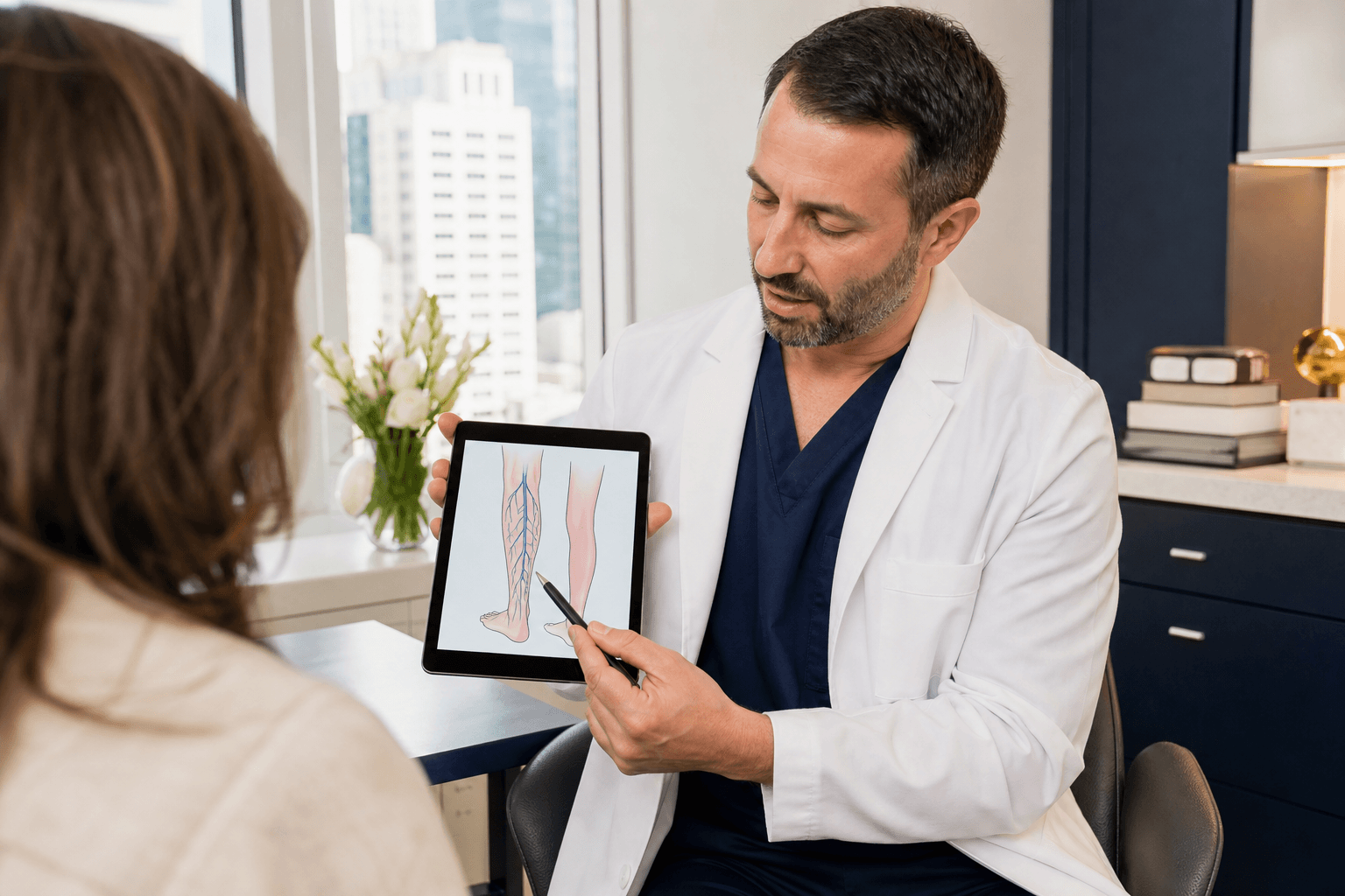 Physician reviewing a family history and vein disease risk diagram with a patient in New York