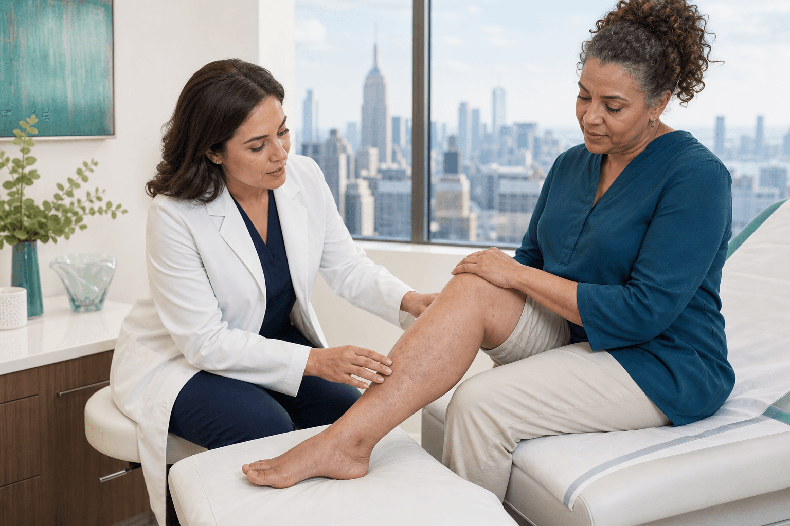 Physician evaluating itchy legs and vein disease with an adult patient in a New York vein clinic