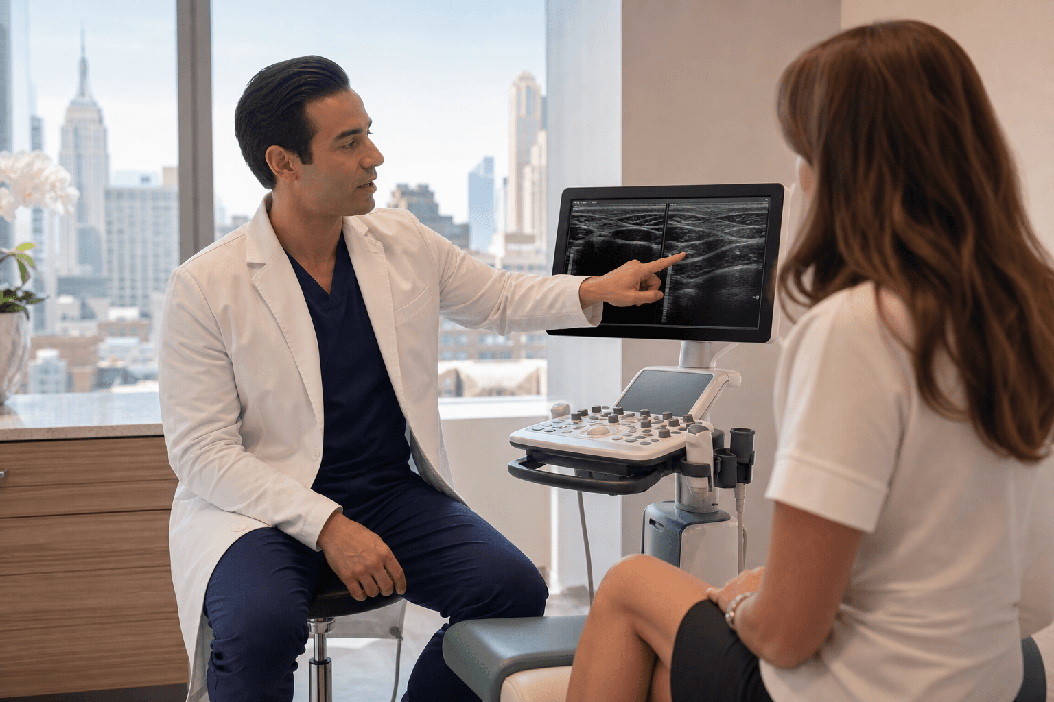 Physician discussing nighttime leg cramps and vein disease with an adult patient in a New York vein clinic