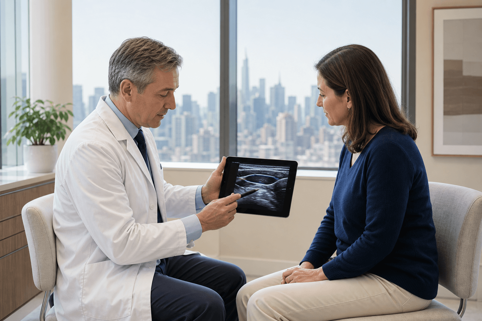 Physician discussing leg swelling and vein disease evaluation with an adult patient in a New York vein clinic