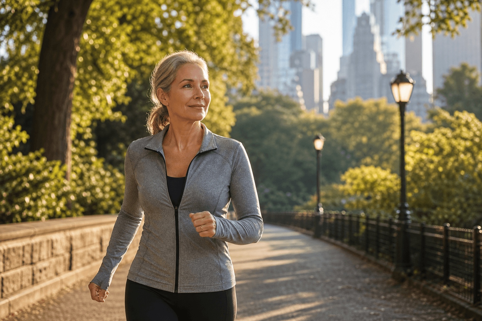 New York woman walking outdoors to support vein health during menopause and vein disease management