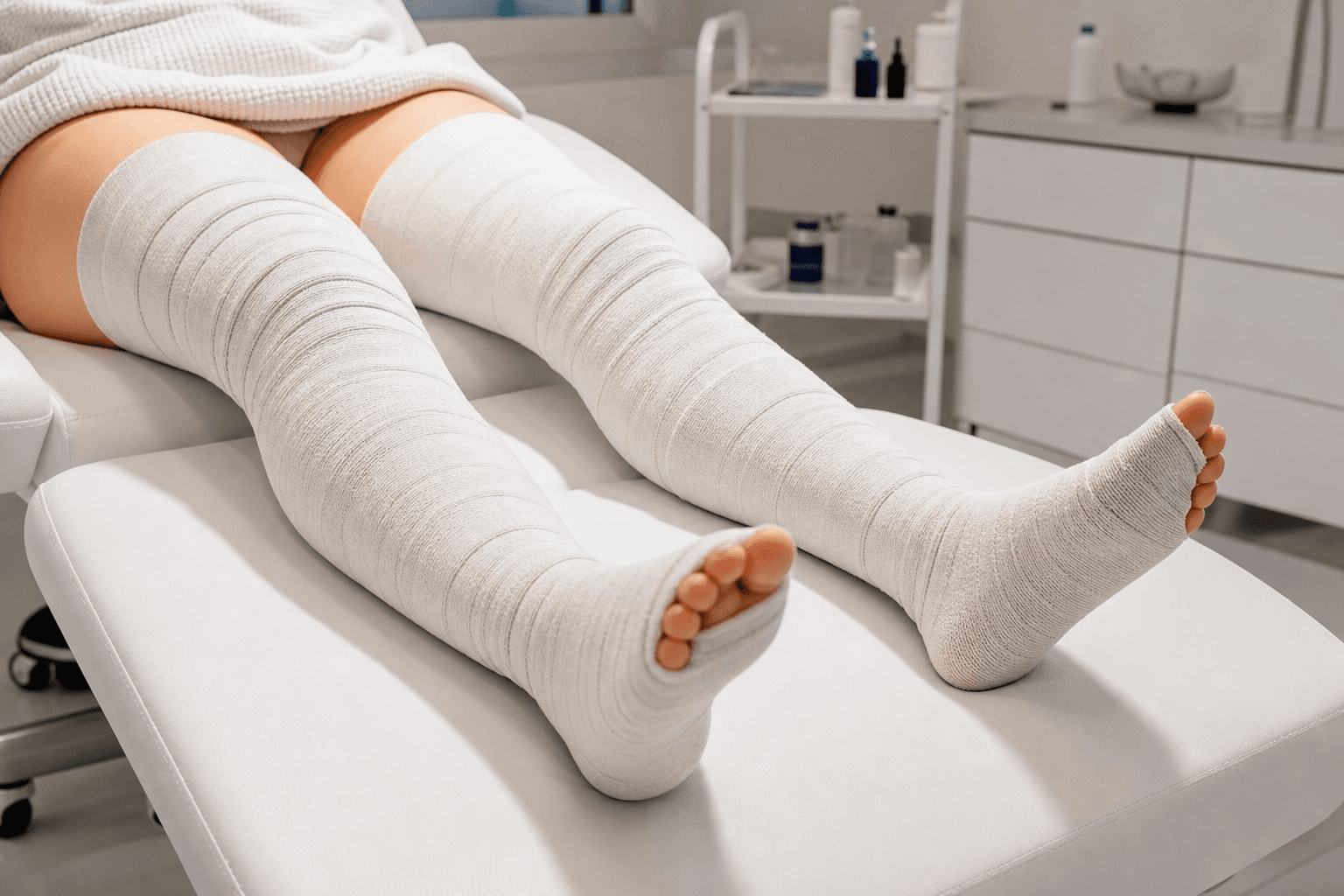 Patient resting with compression bandages after radiofrequency ablation recovery at New York vein clinic