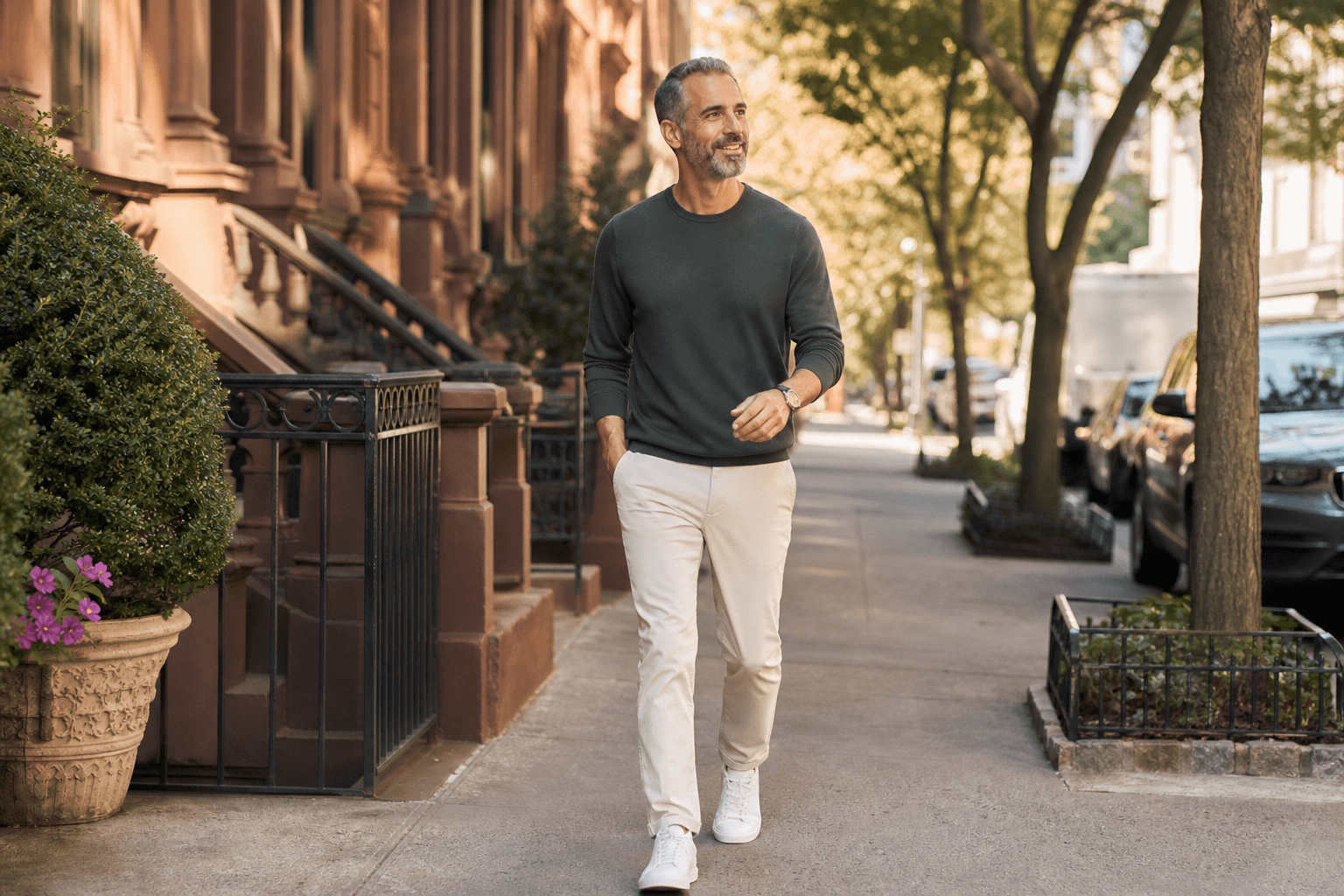 New York patient walking outdoors to help manage restless legs syndrome and vein disease symptoms