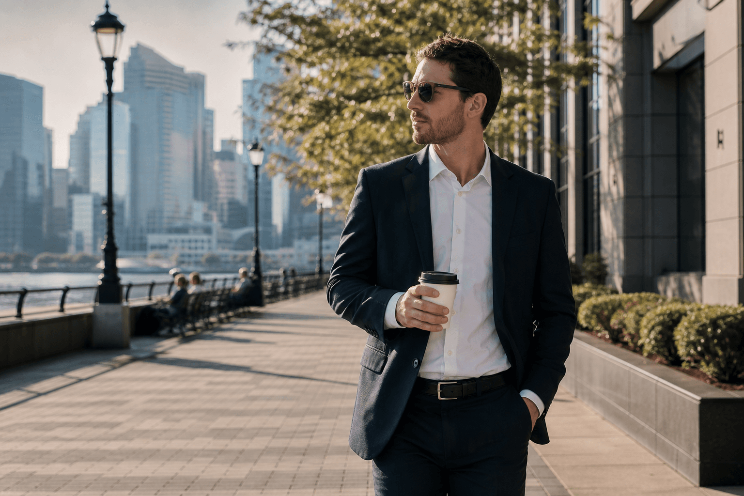 New York office worker taking a walking break outside during the workday to support vein health while managing sitting and vein disease risk