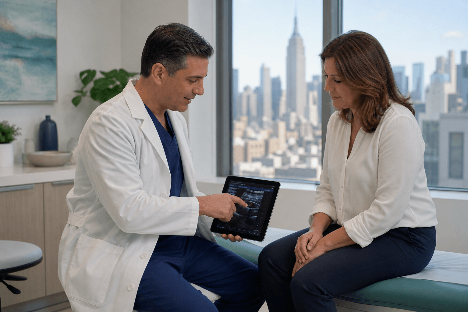Physician discussing standing all day and vein disease with a patient at a New York vein clinic