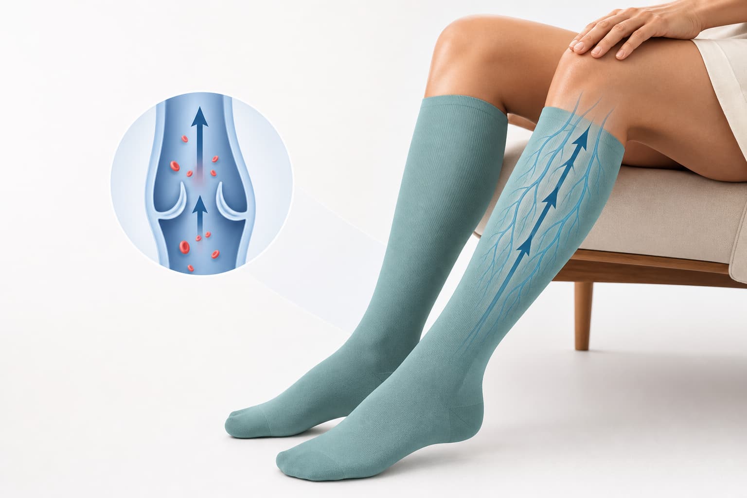 Medical compression socks showing improved vein blood flow for travel DVT prevention