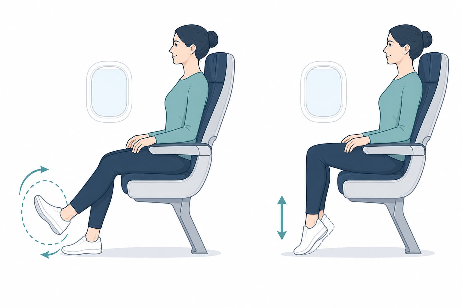 Seated leg exercises for travelers including ankle circles and calf raises to prevent DVT