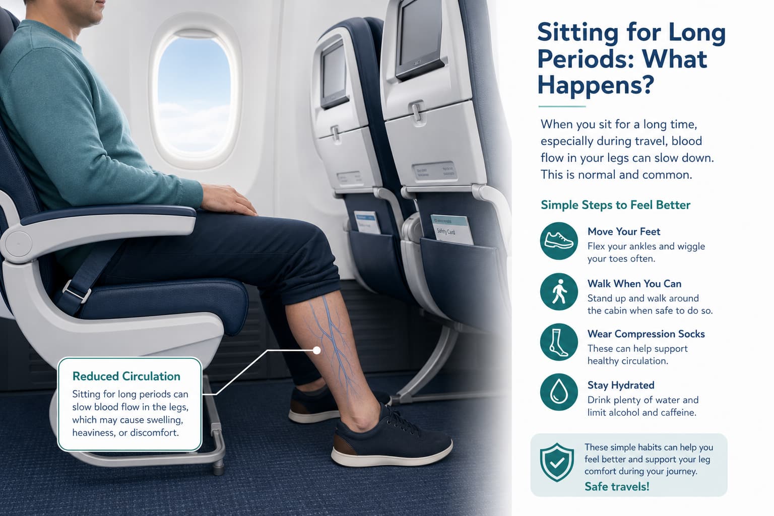 Passenger in airplane seat with vein circulation illustration showing DVT risk during travel
