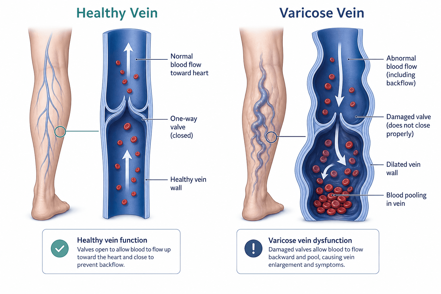Anatomical diagram comparing healthy vein valves and varicose vein valves, New York vein treatment