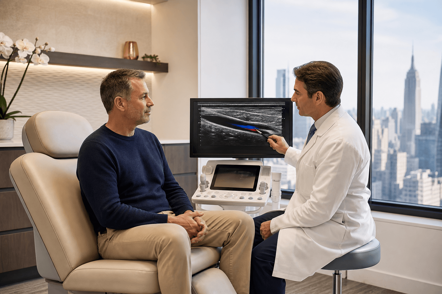 Male patient discussing vein disease in men with a physician reviewing a leg vein ultrasound at a New York clinic