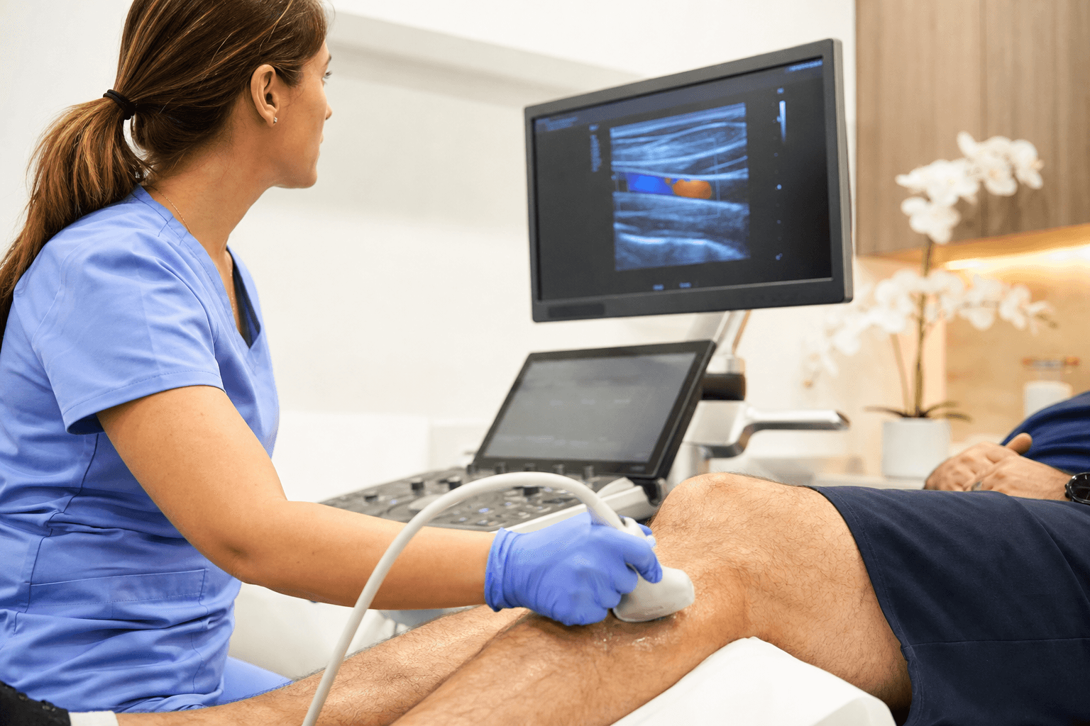 Duplex ultrasound vein evaluation being performed on a male patient's leg at a New York vein clinic