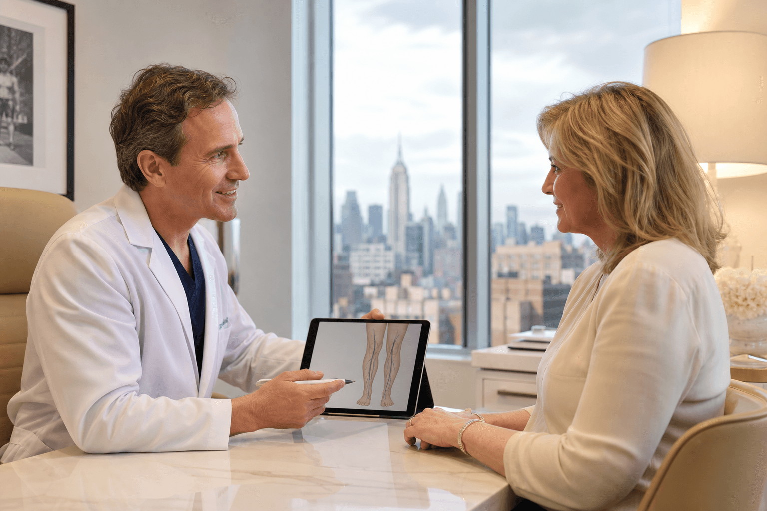 Physician reviewing VenaSeal vein closure recovery progress with a patient in a New York clinic