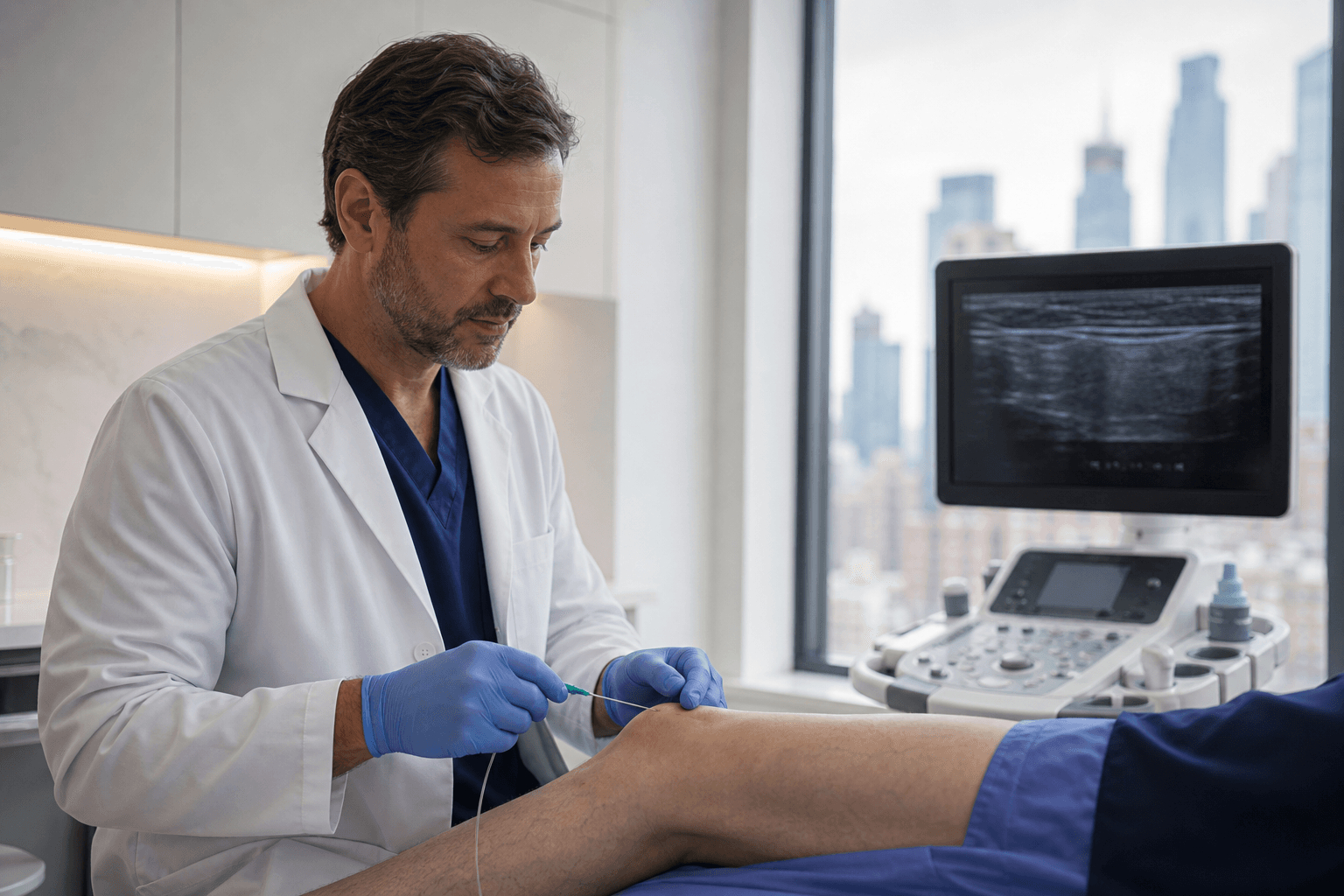 Physician preparing a VenaSeal vein closure procedure at a Manhattan vein clinic