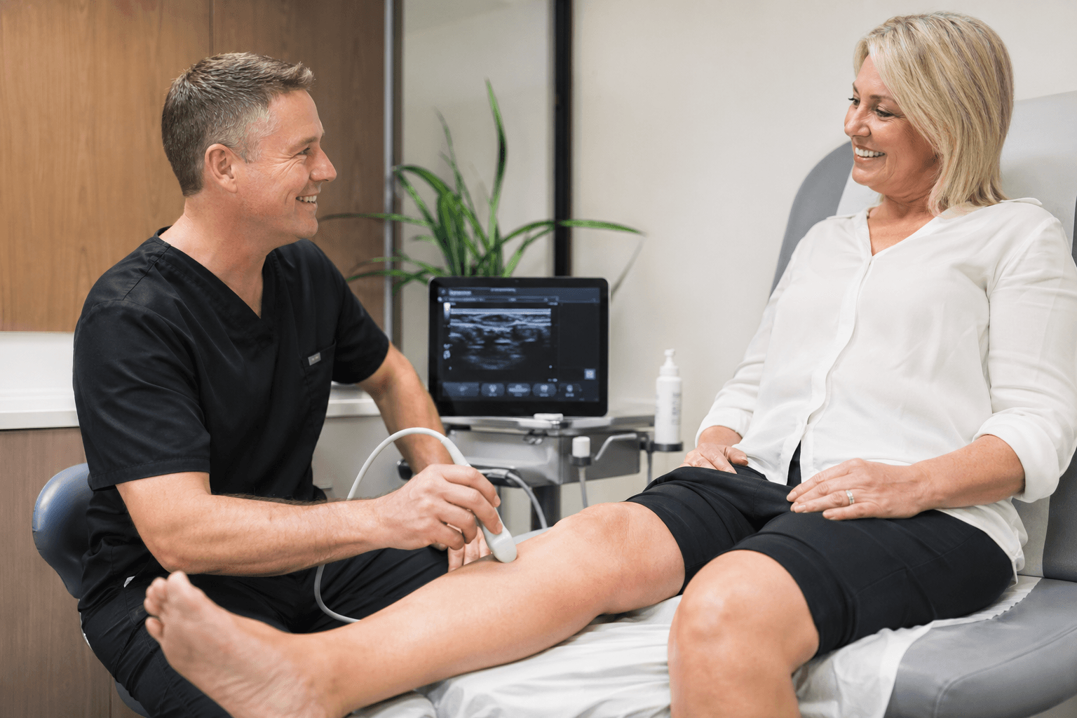 Friendly vein doctor and patient during a free vein screening consultation