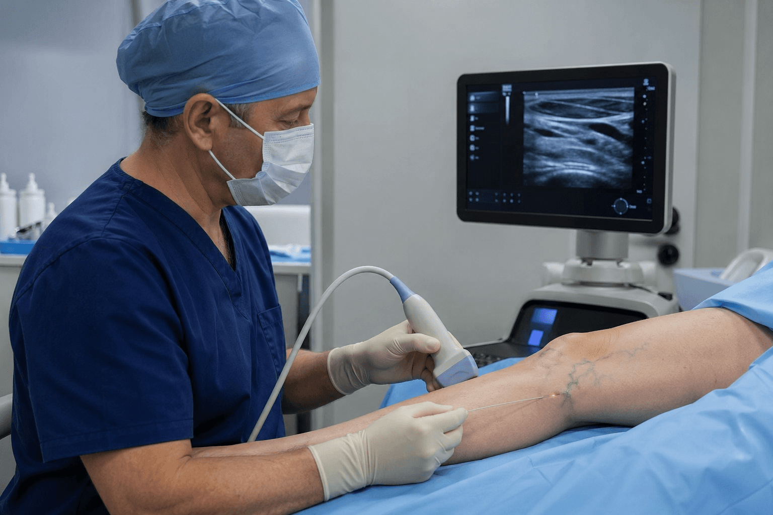 Vein specialist performing ultrasound-guided laser vein therapy (EVLT) on a patient's leg