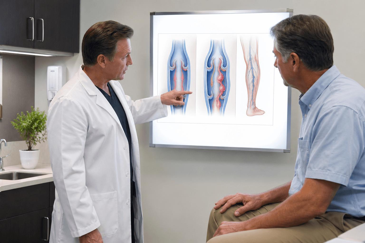 Vein specialist explaining vein anatomy and conditions to a patient