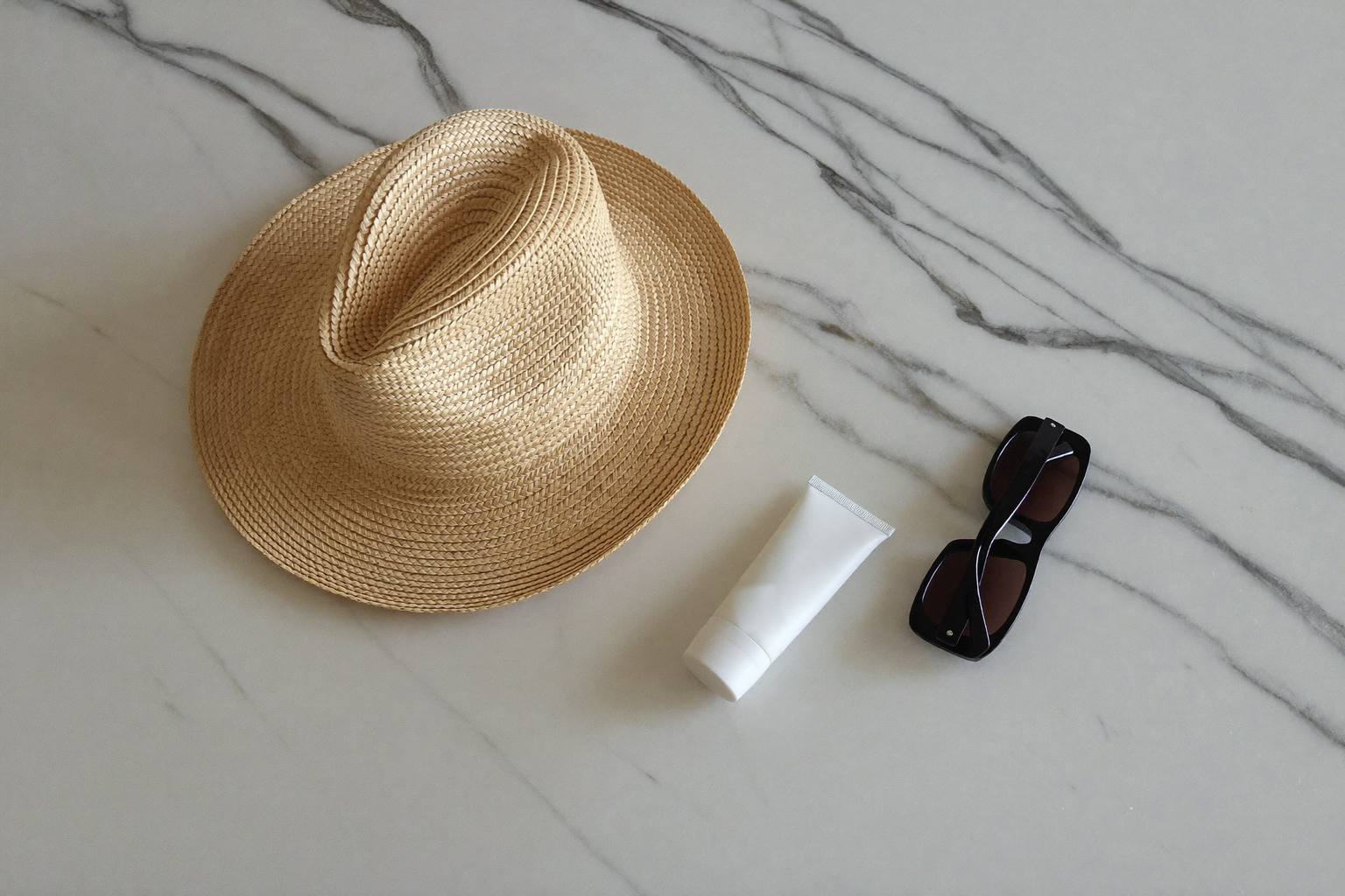 Sunscreen, sun hat and sunglasses for protecting facial skin from sun exposure