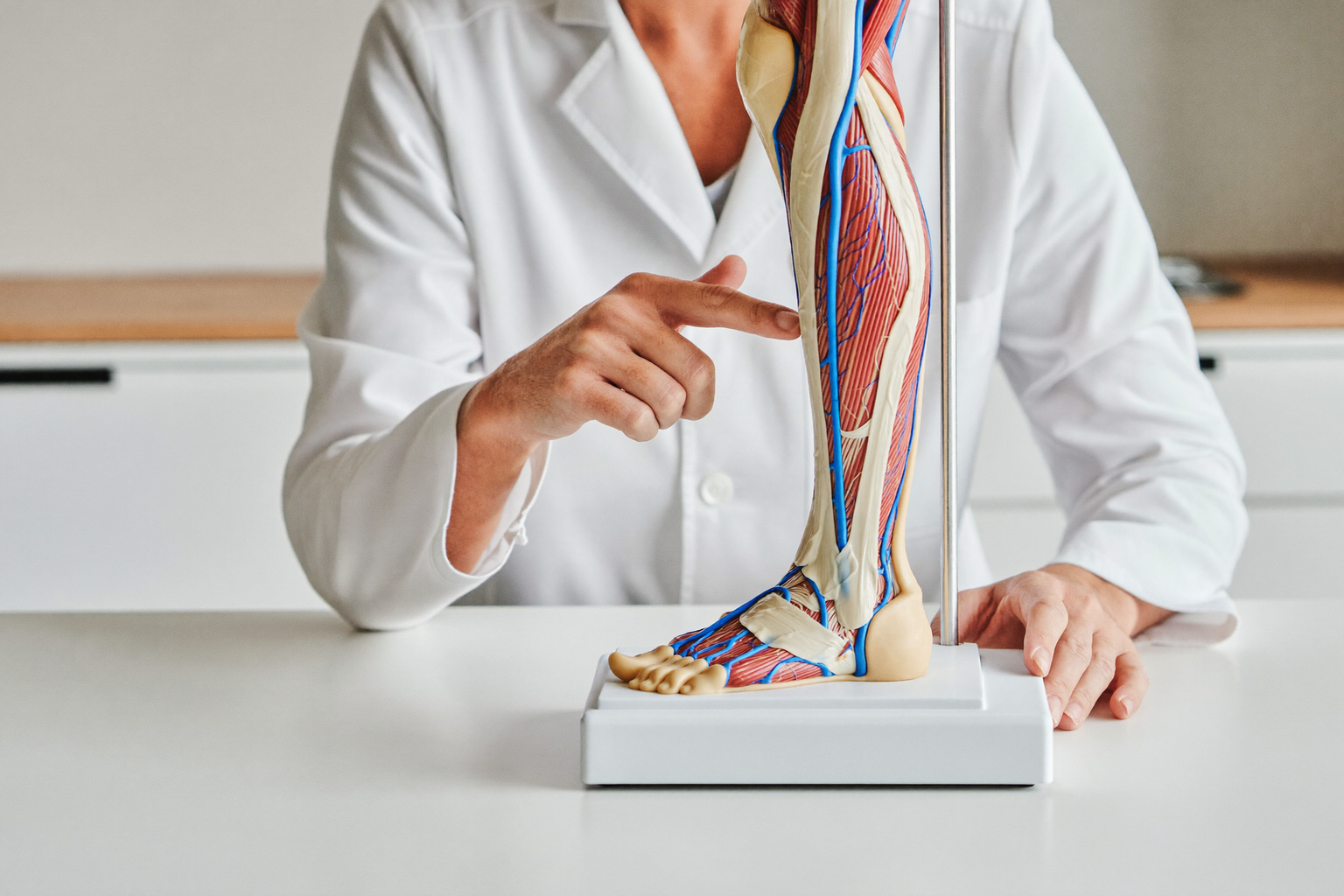 Doctor explaining leg vein anatomy on a model during a consultation